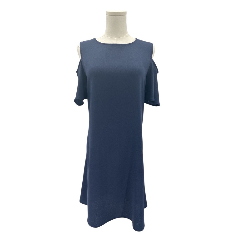 Bobeau Womens Small Navy Cold Shoulder Shift Dress Made USA Stretch Short Sleeve